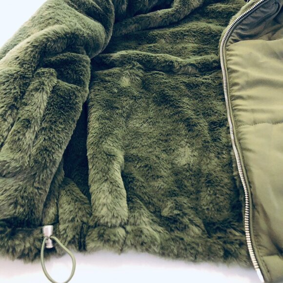 Forever 21 Zip Up Puffer Vest Jacket 2 Way Reversible Plush Trim Size L Green - Picture 9 of 16